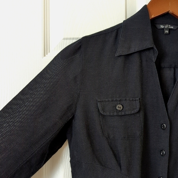 Nic + Zoe Silk & Linen Blend Quarter Sleeve Button Down Tie Front Top Black SP - Picture 3 of 11